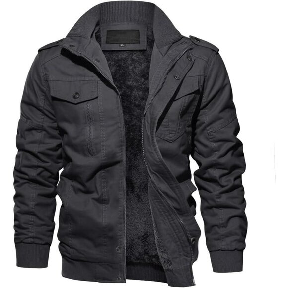 Men's Gray  Winter Cargo Fleece Sherpa Lined Casual Windproof Bomber Jacket - Picture 1 of 6